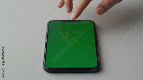 Smartphone Green Screen Hand Interaction on White Table