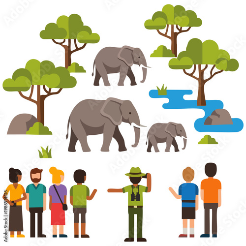 Flat Design Safari Scene with Elephants and Tourists