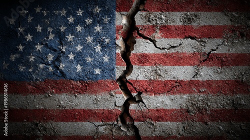 American flag with cracks symbolizing national economic instability