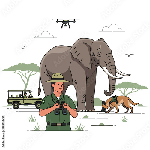 Wildlife Ranger Drone Safari Elephant Conservation Scene Vector