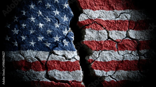 American flag with cracks symbolizing national economic instability
