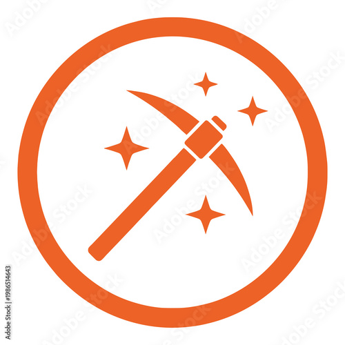Orange pickaxe icon with stars in a circle symbol  mining tool graphic icon