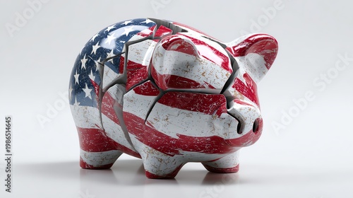 Broken piggy bank with US flag pattern on white background