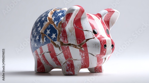 Broken piggy bank with US flag pattern on white background