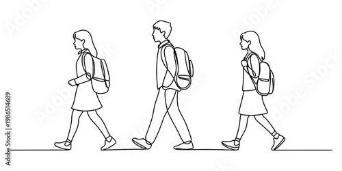 Continuous line drawing of three students walking to school with backpacks on a white background