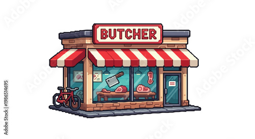 A pixel art vector illustration of a charming butcher shop with a red and white striped awning and a bicycle parked outside on the sidewalk.