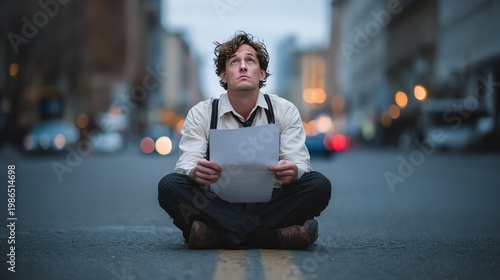 Desperate job seeker holding resume on empty street