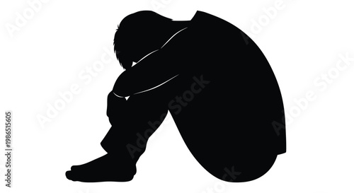 Vector graphic illustration of a person sitting alone in a fetal position, expressing deep sorrow, mental health struggles, and feelings of isolation.