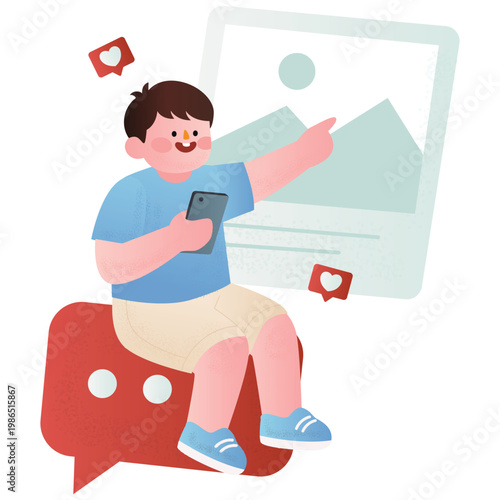 Media Marketing Illustration. Vector illustration of boy sharing content through smartphone and engaging with social media posts. Isolated on background
