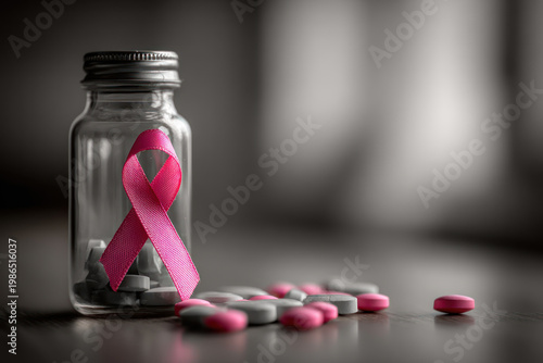 Pink ribbon cancer awareness bottle, medicine pill treatment hope support concept, healthcare symbol on table, gray background focus.