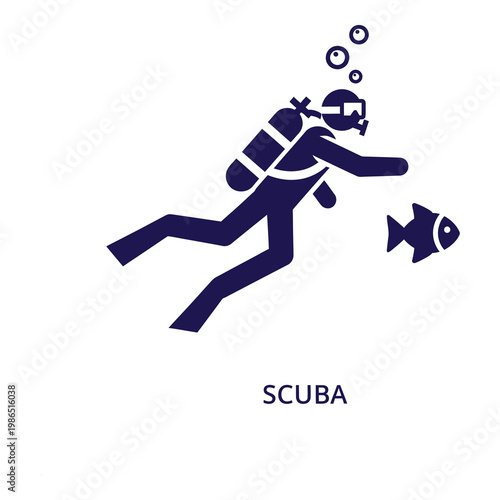 Scuba diver swimming with fish in ocean water  scuba diving concept icon