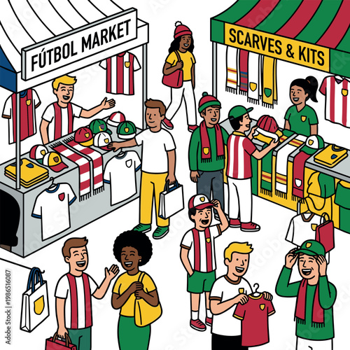 Soccer fans at a vibrant merchandise market buying team gear