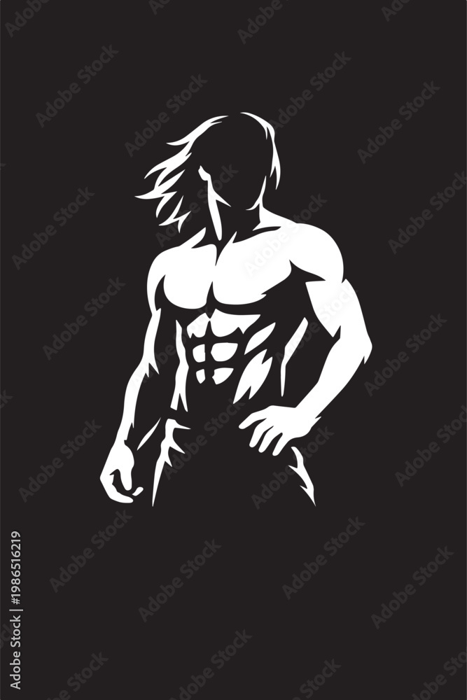 Fototapeta premium A black and white silhouette of a handsome muscular boy with long hairs vector with black background.