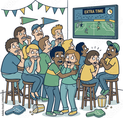 Nervous soccer fans watching extra time in a sports bar