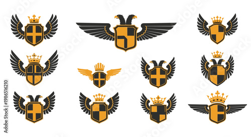 Collection of Heraldic Emblems with Crowns and Wings.