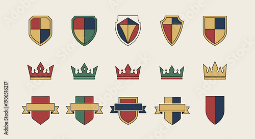 Collection of heraldic shields crowns and banners.