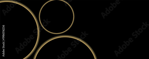 Sophisticated black background with luminous gold rings and elegant geometric composition.