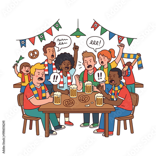 Passionate soccer fans arguing in a pub with beer and pretzels