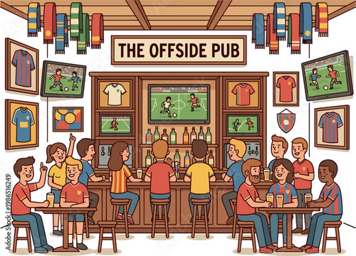 Soccer fans watching game in sports bar called The Offside Pub