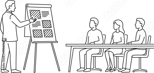 Business trainer presenting information on flip chart to audience during seminar session in professional office line vector illustration