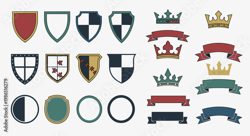 Collection of Heraldic Shields Crowns and Ribbons Vector Set.