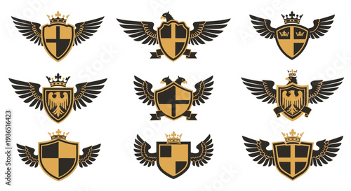 Collection of nine heraldic crests with wings and crowns.