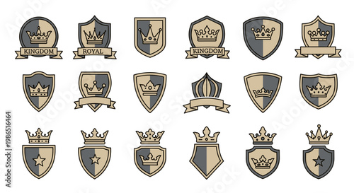 Collection of Royal Crests and Shields with Crowns and Banners.