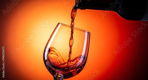 Elegant wine glass being filled with red wine against warm orange and yellow background perfect for wine tasting and celebration themes