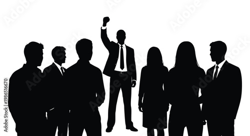Dynamic vector graphic illustration depicting a business leader confidently raising a fist amidst a diverse professional team, symbolizing success, unity, and triumph.