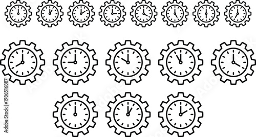 Gear and Clock Icon Set, Featuring Various Gear Designs with Clock Faces for Time Management, Productivity, and Mechanism Themed Designs in Black and White