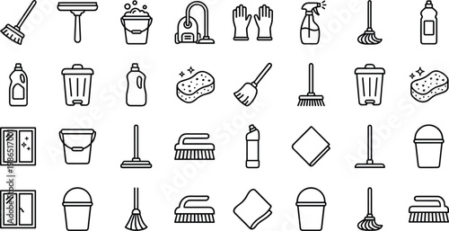 Cleaning service icon set with household tools, sanitation equipment and hygiene symbols in minimal outline vector illustration style