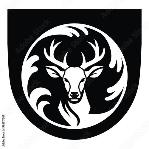 Stylized deer head with antlers in a circular design element icon