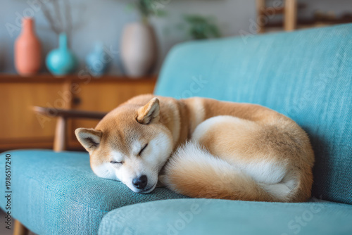 Dog sleeping curled turquoise sofa, cozy minimalist living room interior with wood furniture and ceramic vase decor soft natural morning light.