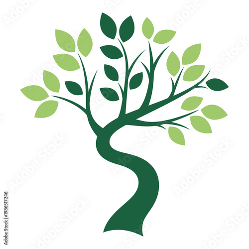 Stylized tree with green leaves on curved trunk isolated on white background icon
