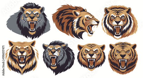 Collection of tiger animal heads roaring.