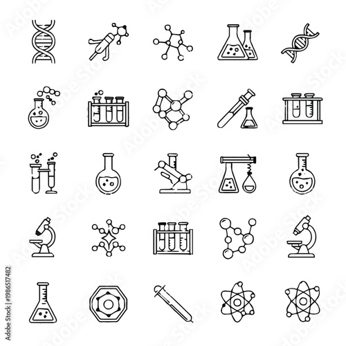 Black and white line drawing illustrations of various science and laboratory icons