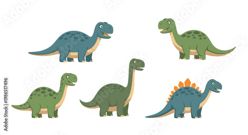 Colorful cartoon dinosaurs standing together.