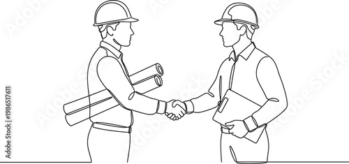 Construction engineers handshake agreement with blueprint plans representing partnership, project approval and collaboration in professional line vector illustration