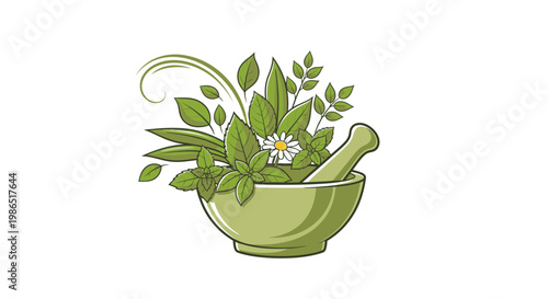 Herbs in green mortar bowl.
