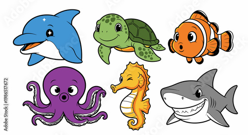Cartoon sea creatures smiling faces.