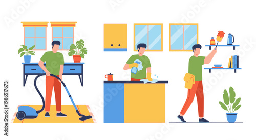 Man cleaning with a mop and vacuum.