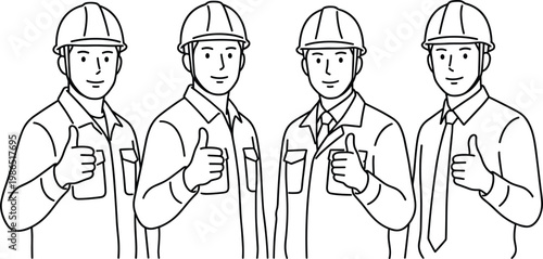 Construction workers showing thumbs up gesture wearing safety helmets representing approval, confidence and successful teamwork in line vector illustration