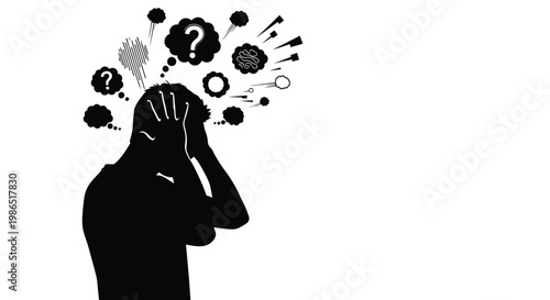This vector illustration depicts a distressed individual experiencing an overwhelming cascade of stressful thoughts, symbolizing mental health challenges and confusion in modern life.