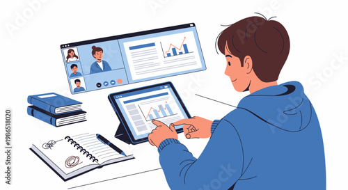 Man working on digital device remotely.