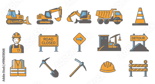 Construction icons and equipment symbols.