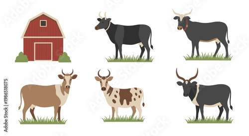 Cows and a red barn farm.