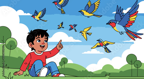 Boy sitting and looking at birds.