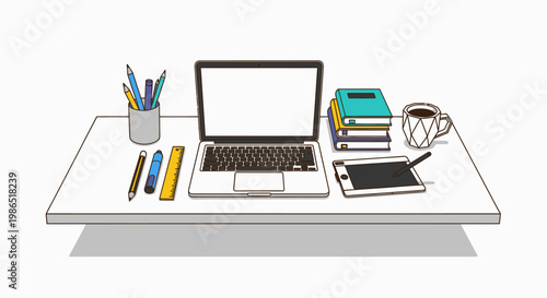 Laptop on a desk with office supplies.