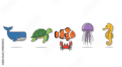 Cartoon sea creatures in a row.