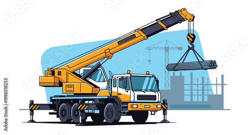 Large Yellow Construction Crane Truck Vehicle.